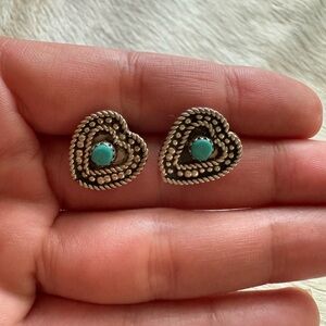 Vtg Heart-Shaped Sterling Silver and Turquoise Earrings